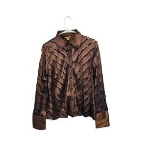 Artsy Ribbon & Mesh Button Front Iridescent Bronze Blouse Size Large Lightweight